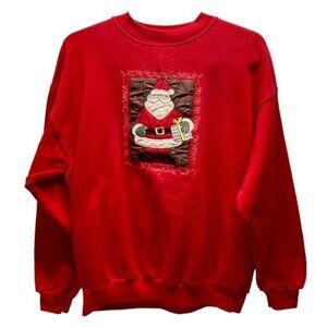Vintage Tultex Merry Christmas Sweater Unisex Large Red Cotton 90's Santa Logo